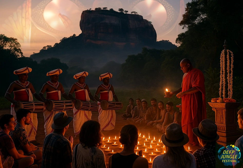 Deep Jungle Festival cultural ceremonies at dawn with Kandyan drummers